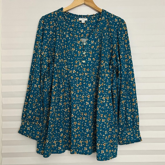 J. Jill Tops - J. Jill Teal Floral Pintuck V-Neck Blouse Cotton Tencel Modal L Long Sleeve